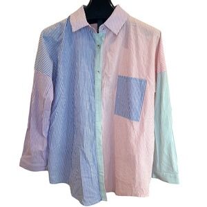 Davi & Dani Colorblock Striped Button Down Shirt Women's Size L Cotton Blend